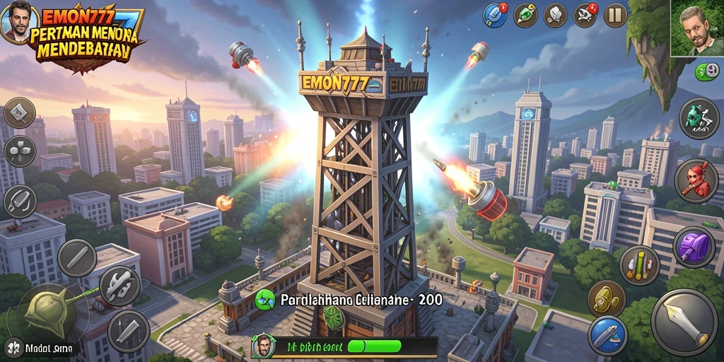 Tampilan gameplay seru dari EMON777 dalam pertarungan Tower Defense.