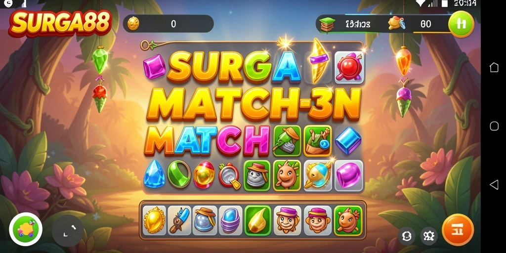 Tampilan gameplay seru dalam SURGA88 dengan elemen Match-3 yang menarik.