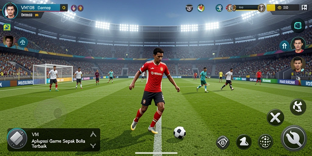 Screenshot gameplay VM108 menunjukkan aksi penuh tantangan dalam pertandingan sepak bola.